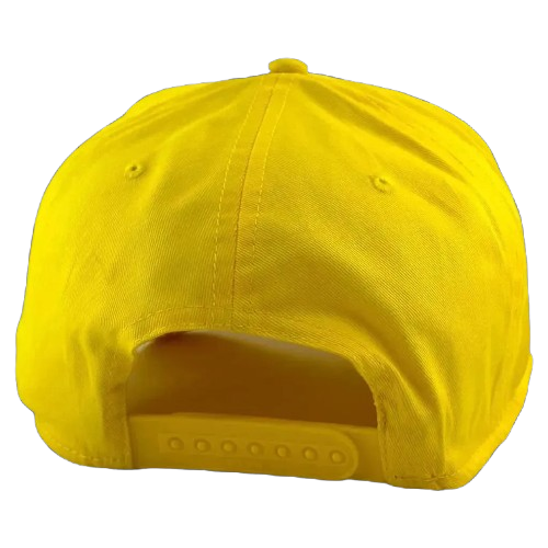 A bright yellow baseball cap shown from the back, featuring a structured crown, ventilation eyelets, and an adjustable snapback closure.