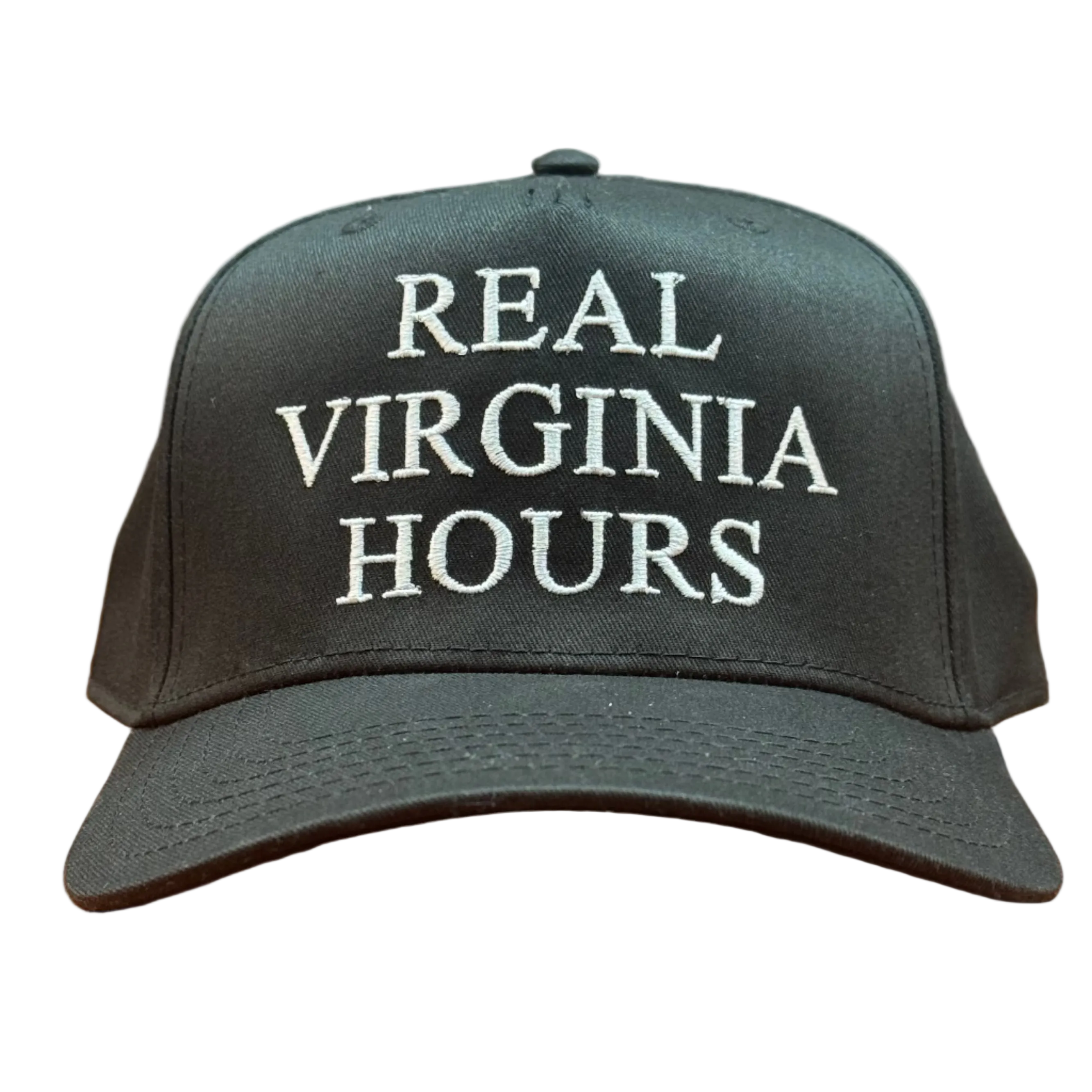 Black baseball style hat with 'REAL VIRGINIA HOURS' embroidered in white.