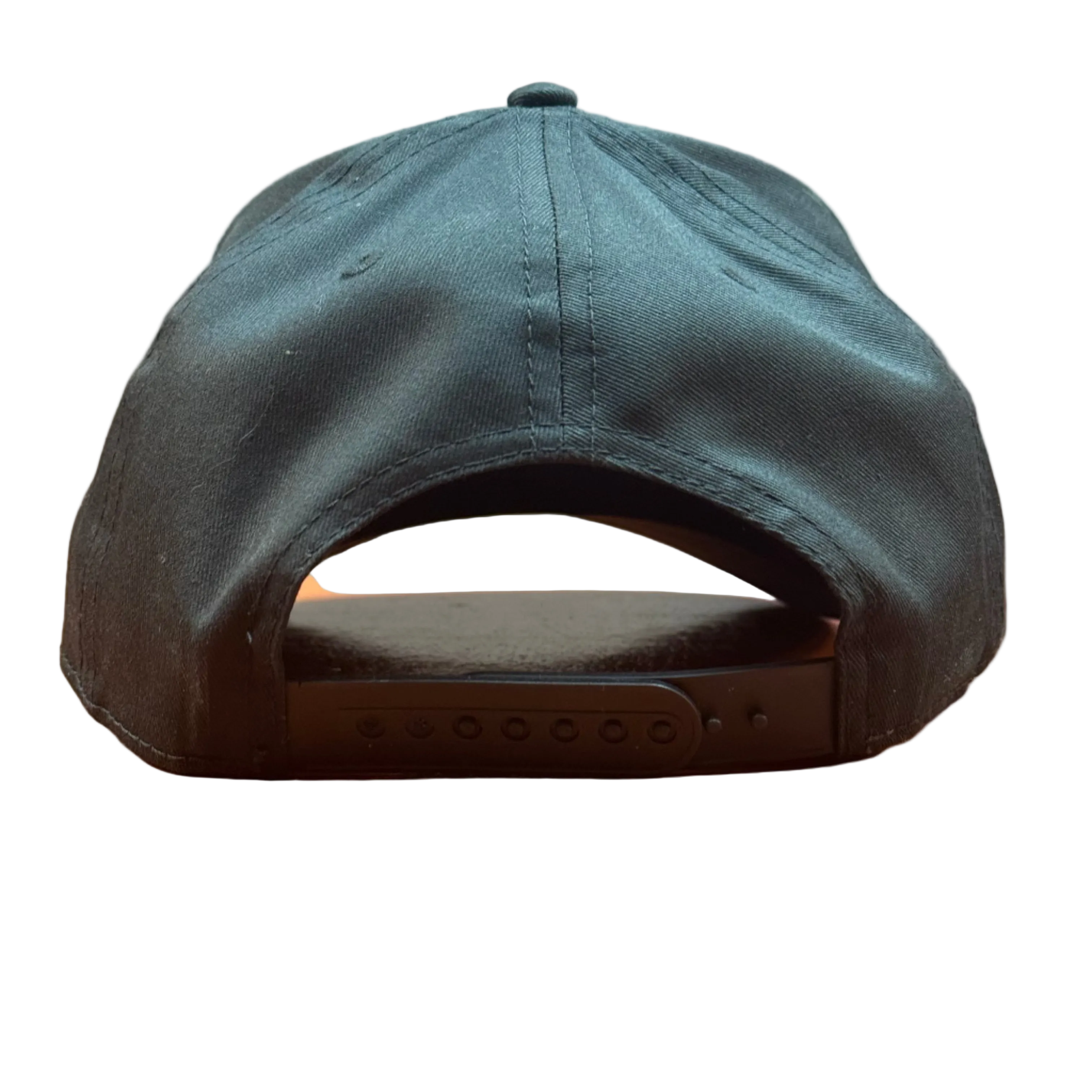 Back view of a black snapback baseball cap.