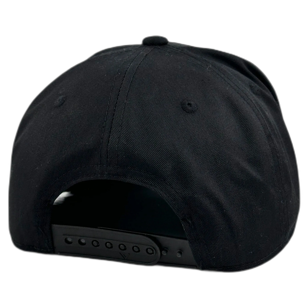 Black snapback cap shown from the back, featuring a structured fabric crown, ventilation eyelets, and an adjustable black plastic snap closure on a white background.