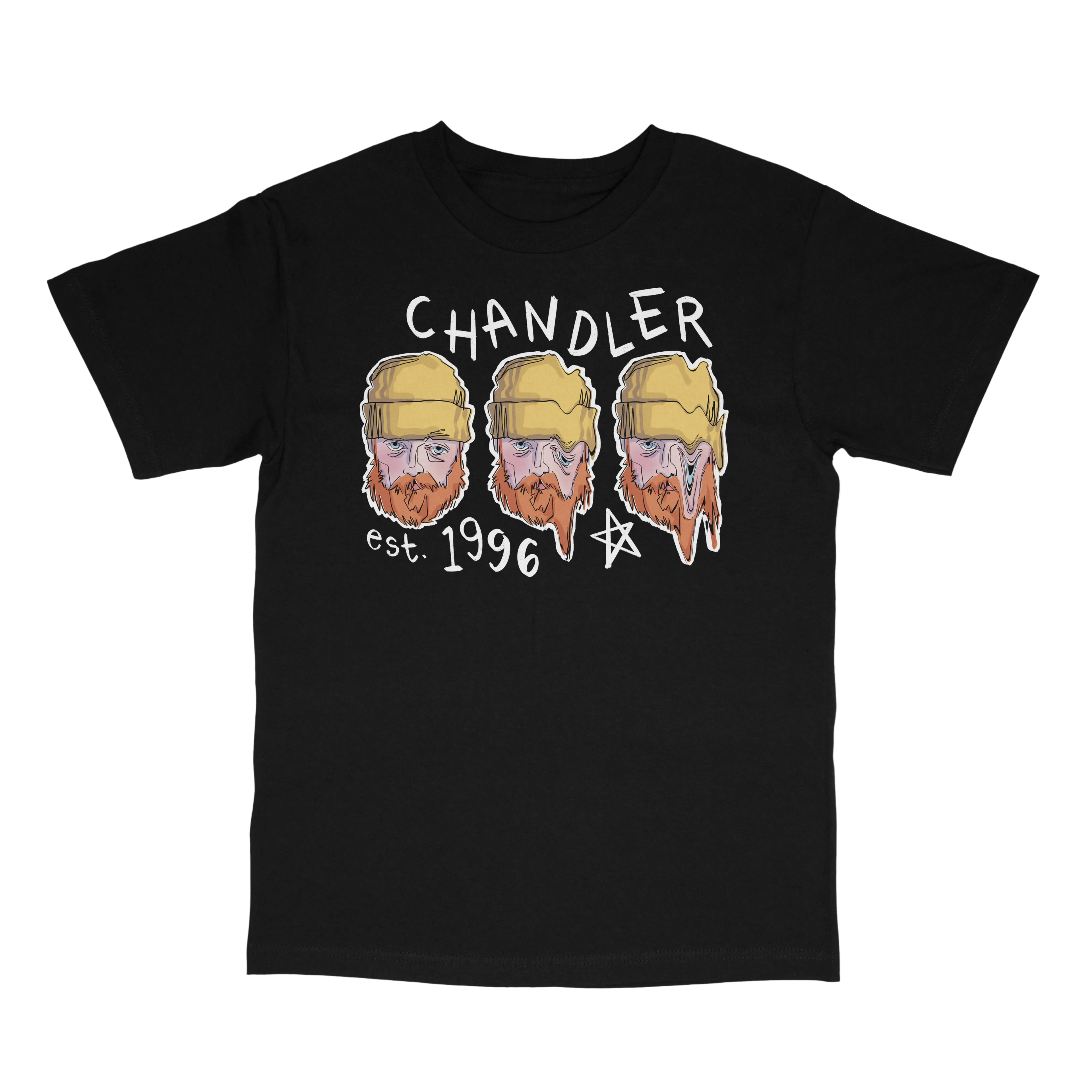 A black short-sleeve crewneck t-shirt featuring a graphic print of three illustrated bearded men with melting faces wearing yellow caps, with the text 'CHANDLER' above and 'est. 1996' below.