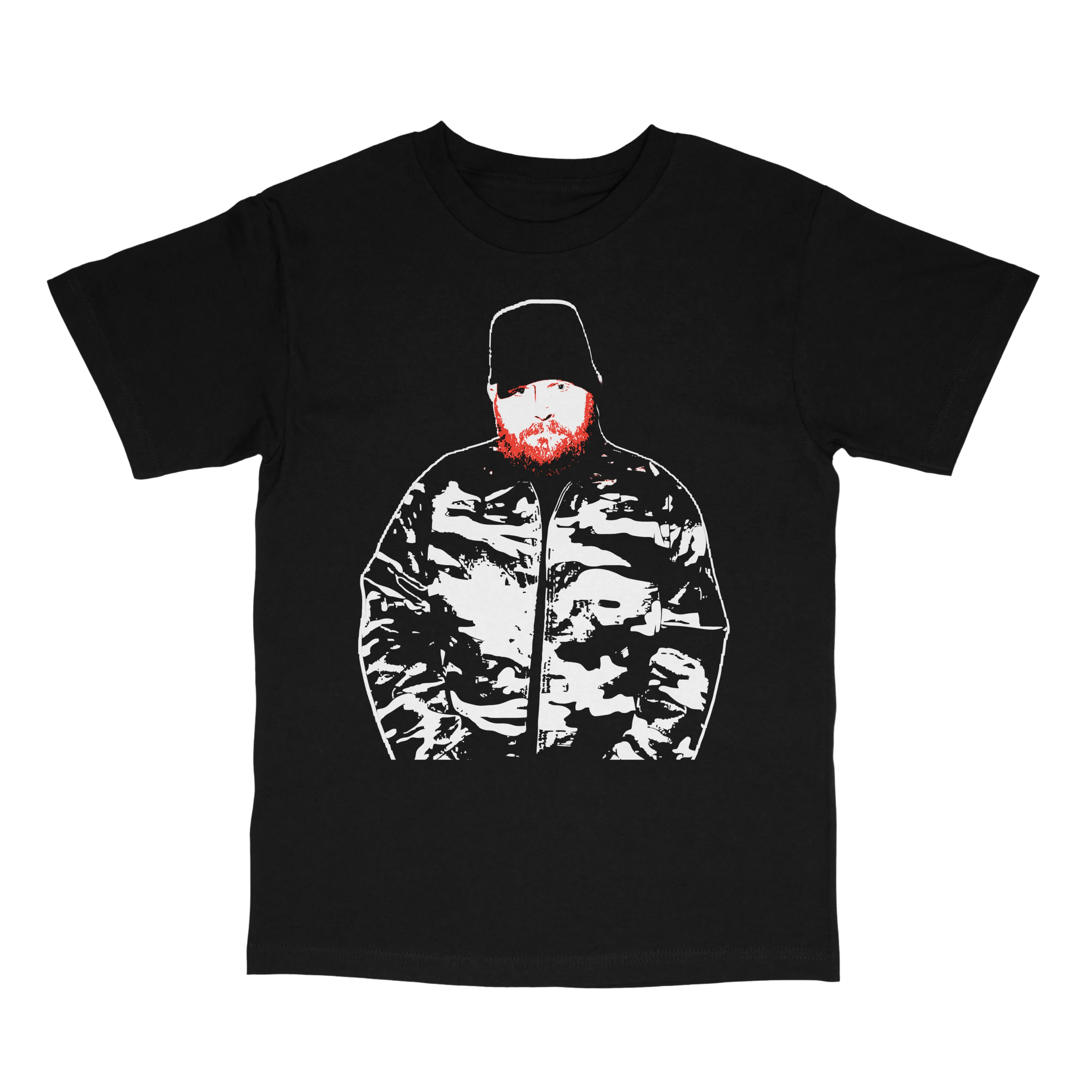 A black short-sleeve t-shirt with a graphic print of a person wearing a black hat and a black-and-white camouflage jacket, featuring a red beard and white outline details, shown on a plain white background.