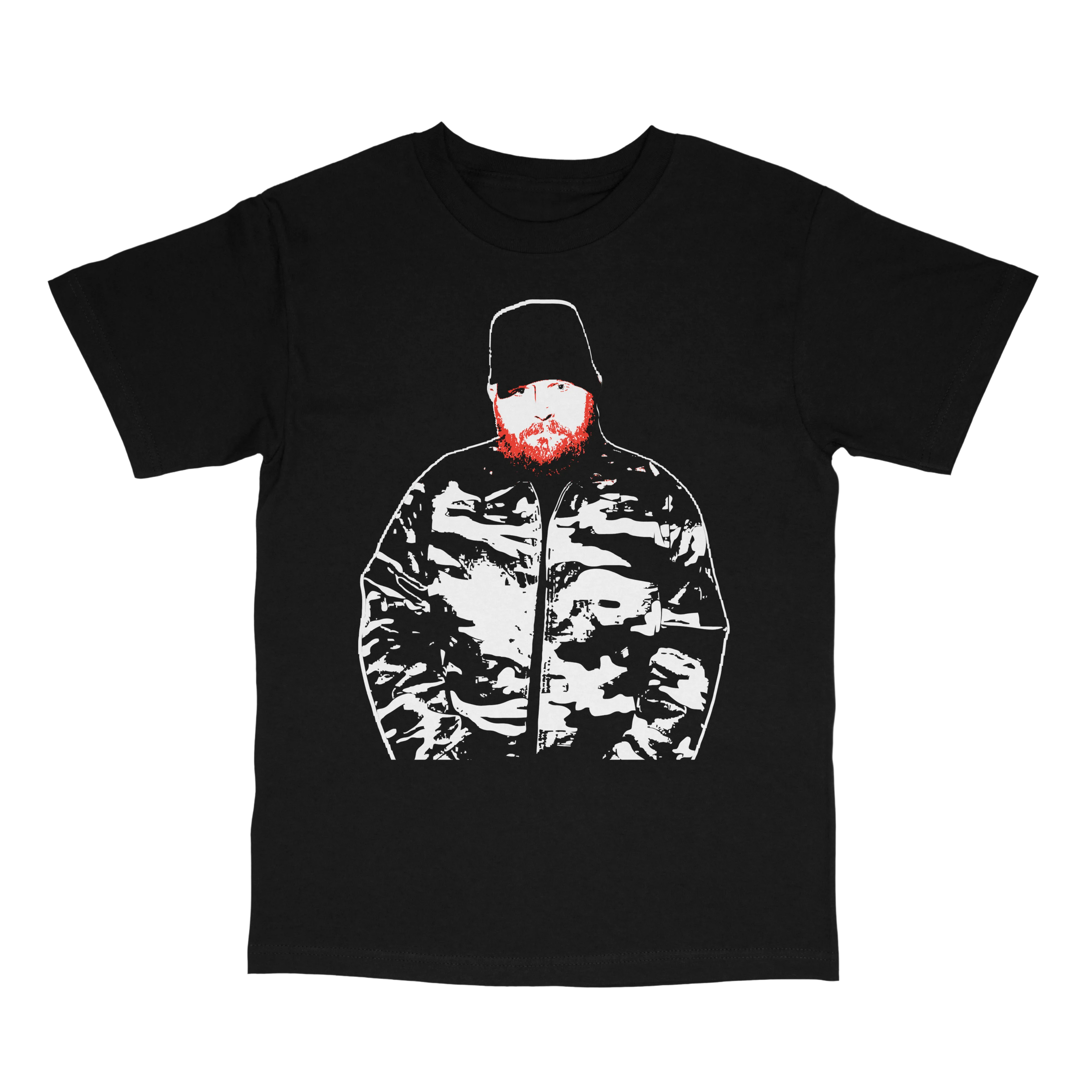 A black short-sleeve t-shirt with a graphic print of a person wearing a black hat and a black-and-white camouflage jacket, featuring a red beard and white outline details, shown on a plain white background.