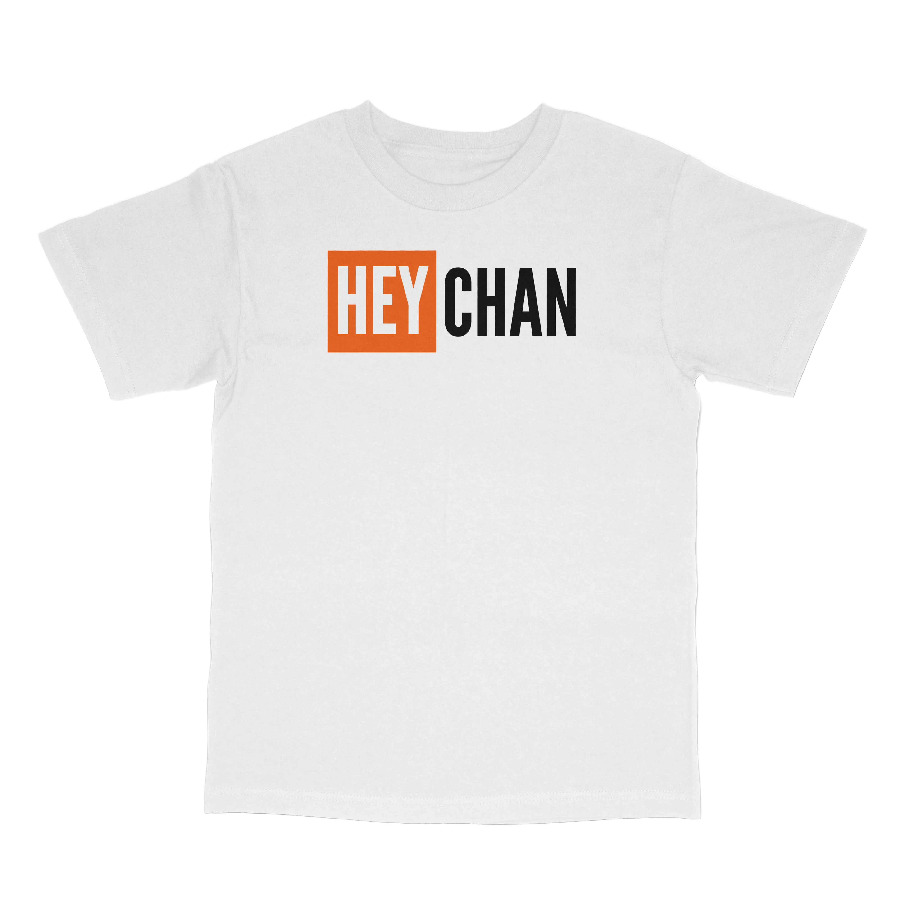 A white short-sleeve crewneck t-shirt featuring a graphic on the chest with the text 'HEY CHAN'. The word 'HEY' is printed in white inside an orange square, while 'CHAN' is printed in black sans-serif font.